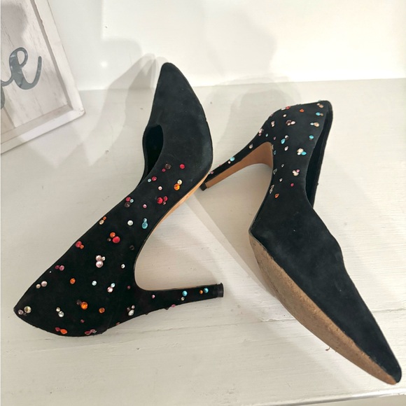 Dazzling ANTONIO MELANI "Moneka" Black Suede Heels Studded with Colorful Stones - Picture 7 of 9